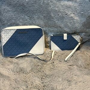 Michael Kors 2 Piece Large Signature Logo Crossbody Bag & Double Zip Wristlet